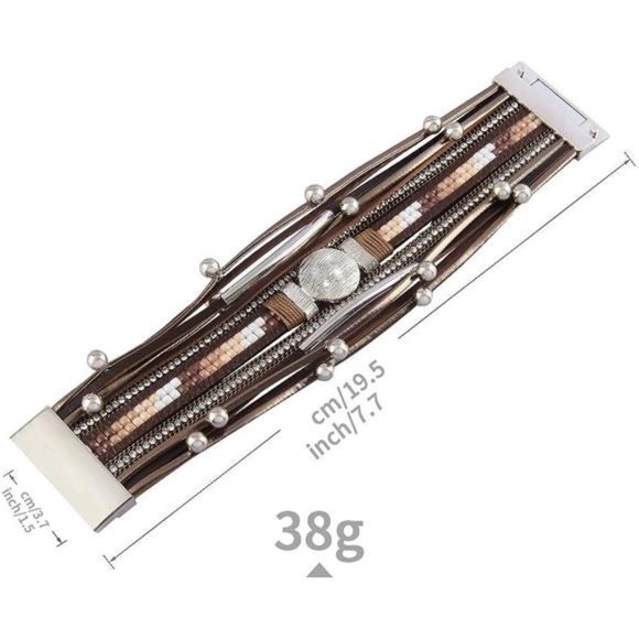 Leather Wrap Bracelet Boho Cuff Bracelets Crystal Bracelet Magnetic Multi Strand - Picture 6 of 6